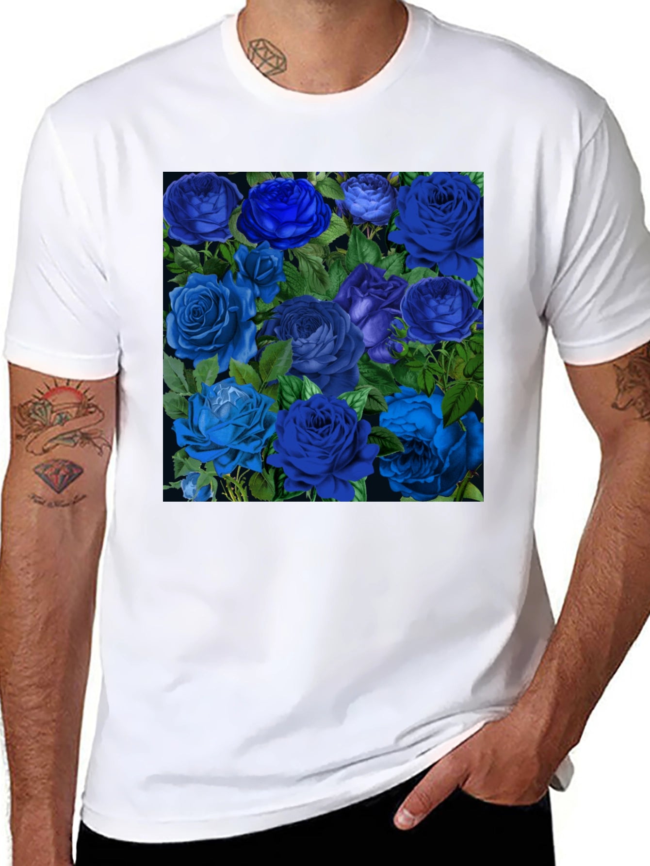 Blue Roses Graphic Print Tee - Black