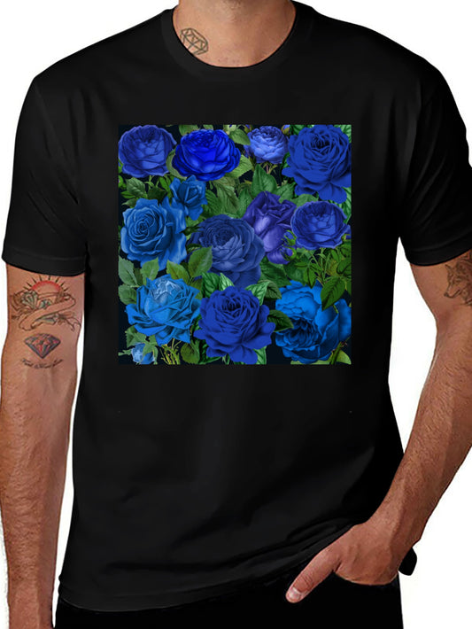 Blue Roses Graphic Print Tee - Black