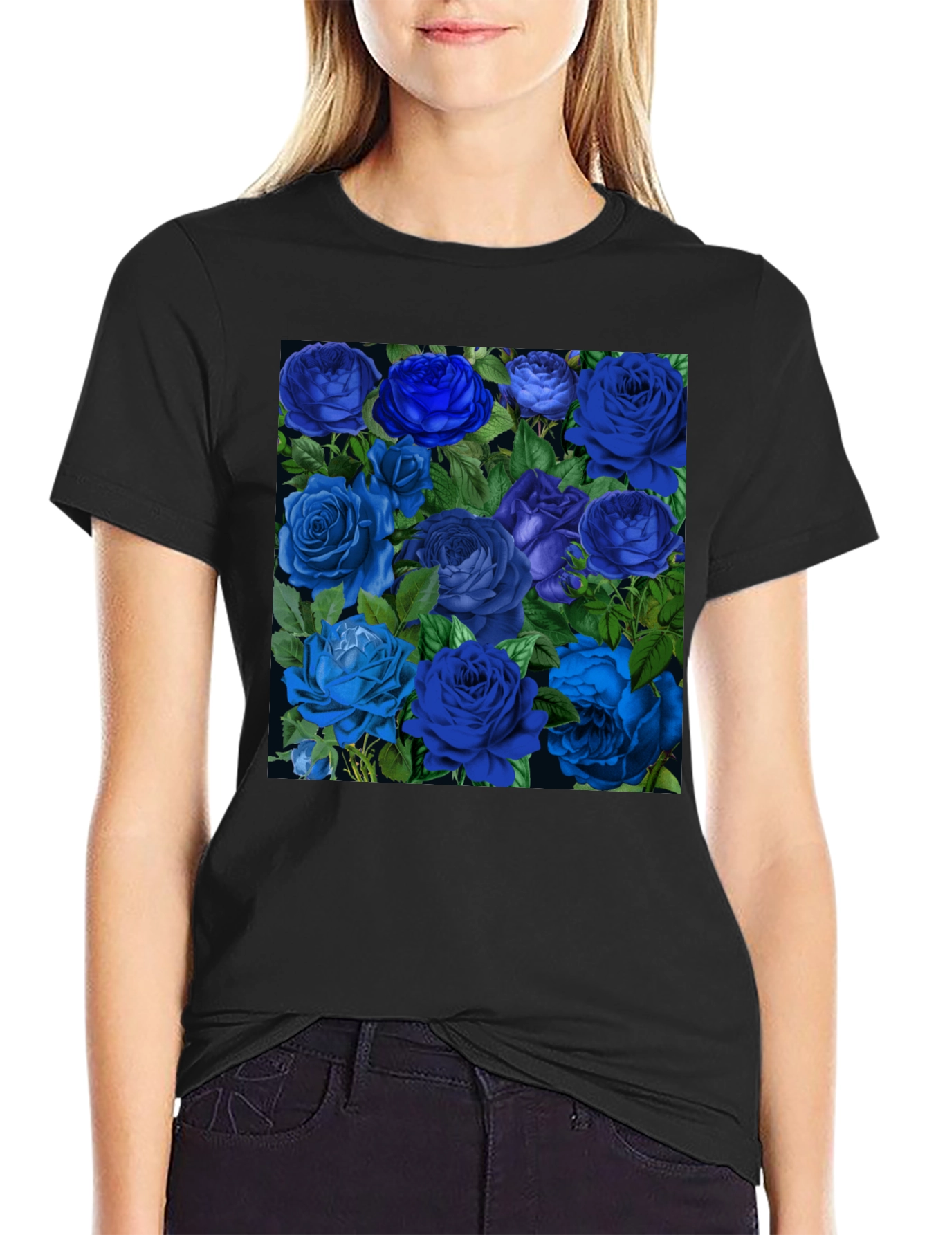 Blue Roses Graphic Print Tee - Black