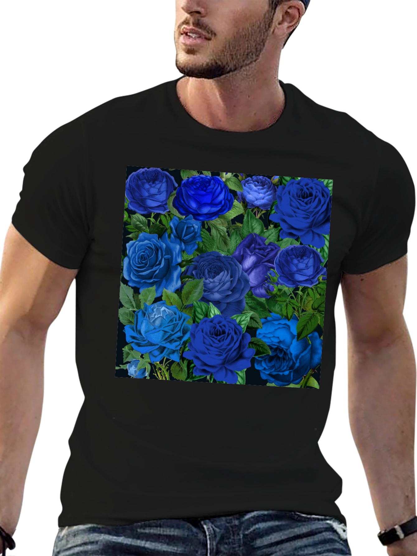 Blue Roses Graphic Print Tee - Black