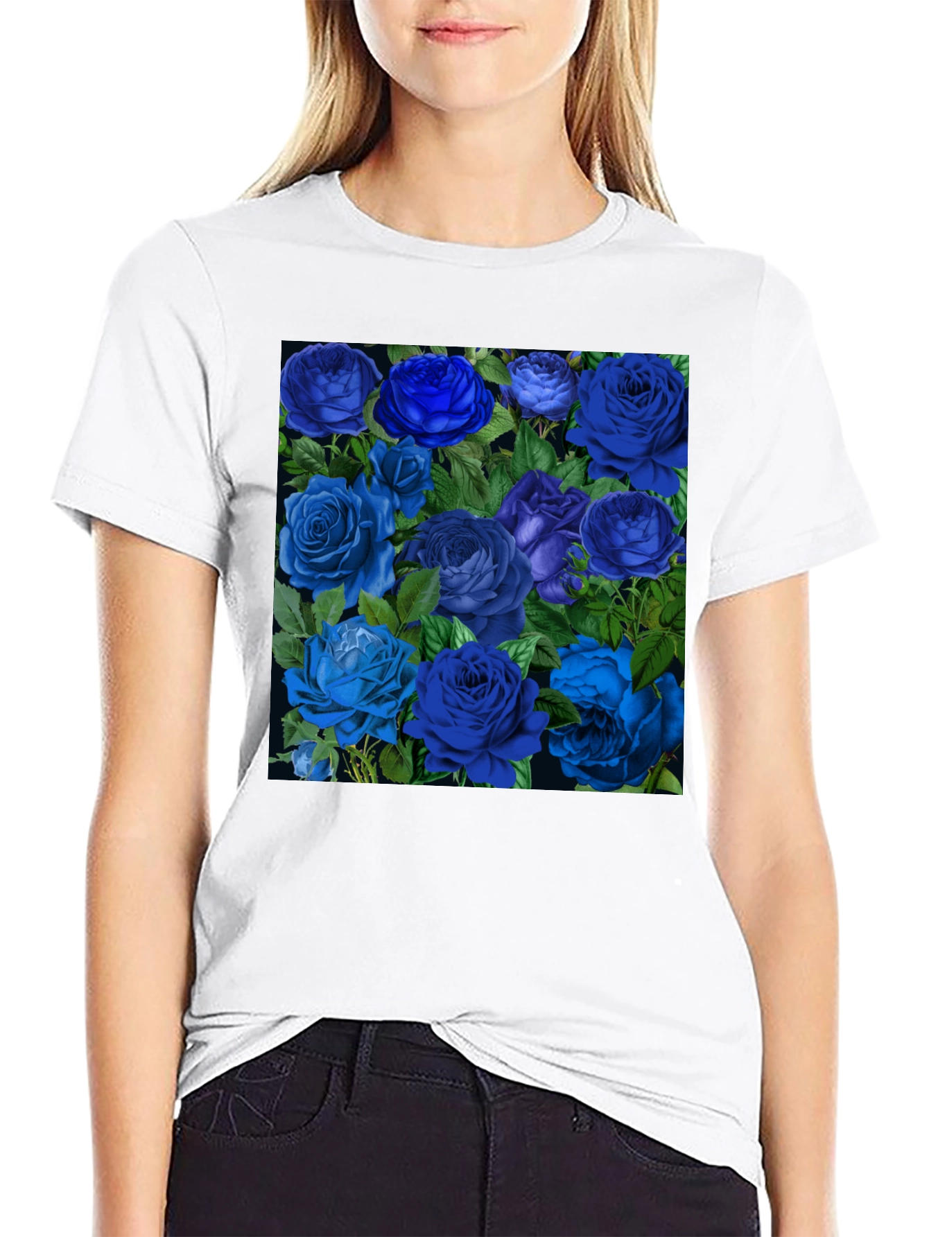 Blue Roses Graphic Print Tee - Black