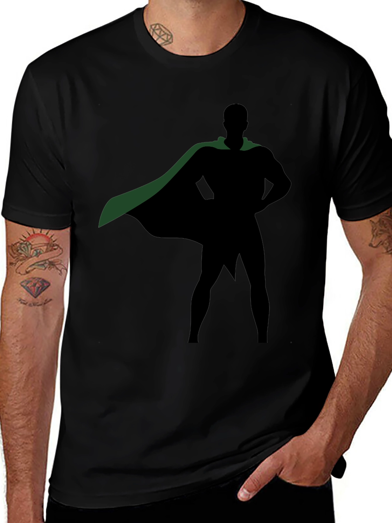Superhero Silhouette Black T-Shirt with Green Cape