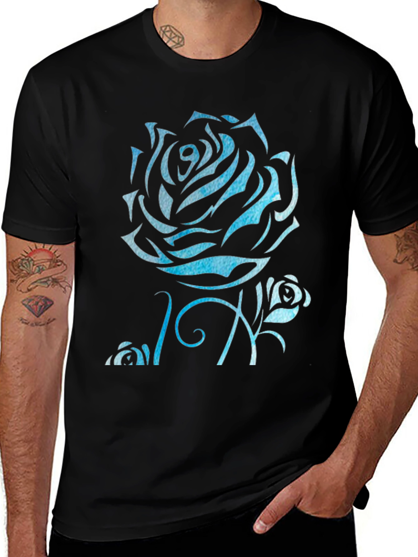 Blue Rose Graphic Black T-Shirt