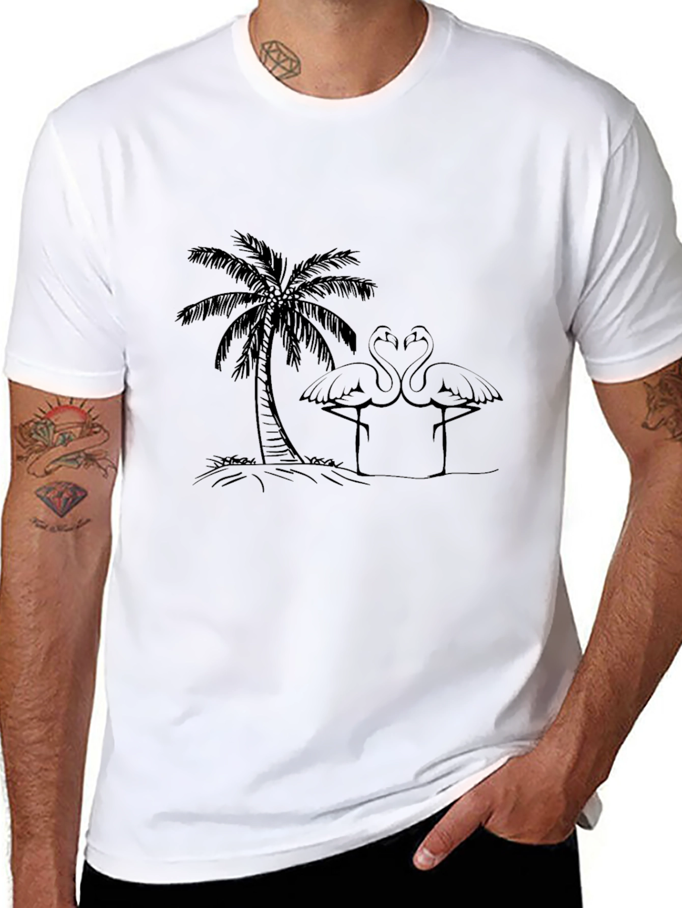 Tropical Flamingo Tee - Black Cotton Casual Shirt