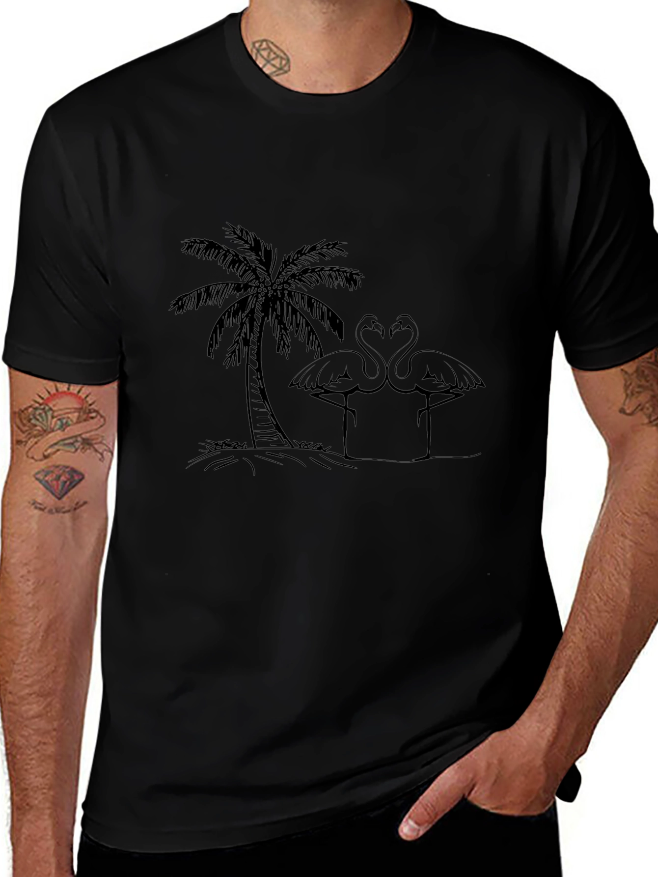 Tropical Flamingo Tee - Black Cotton Casual Shirt