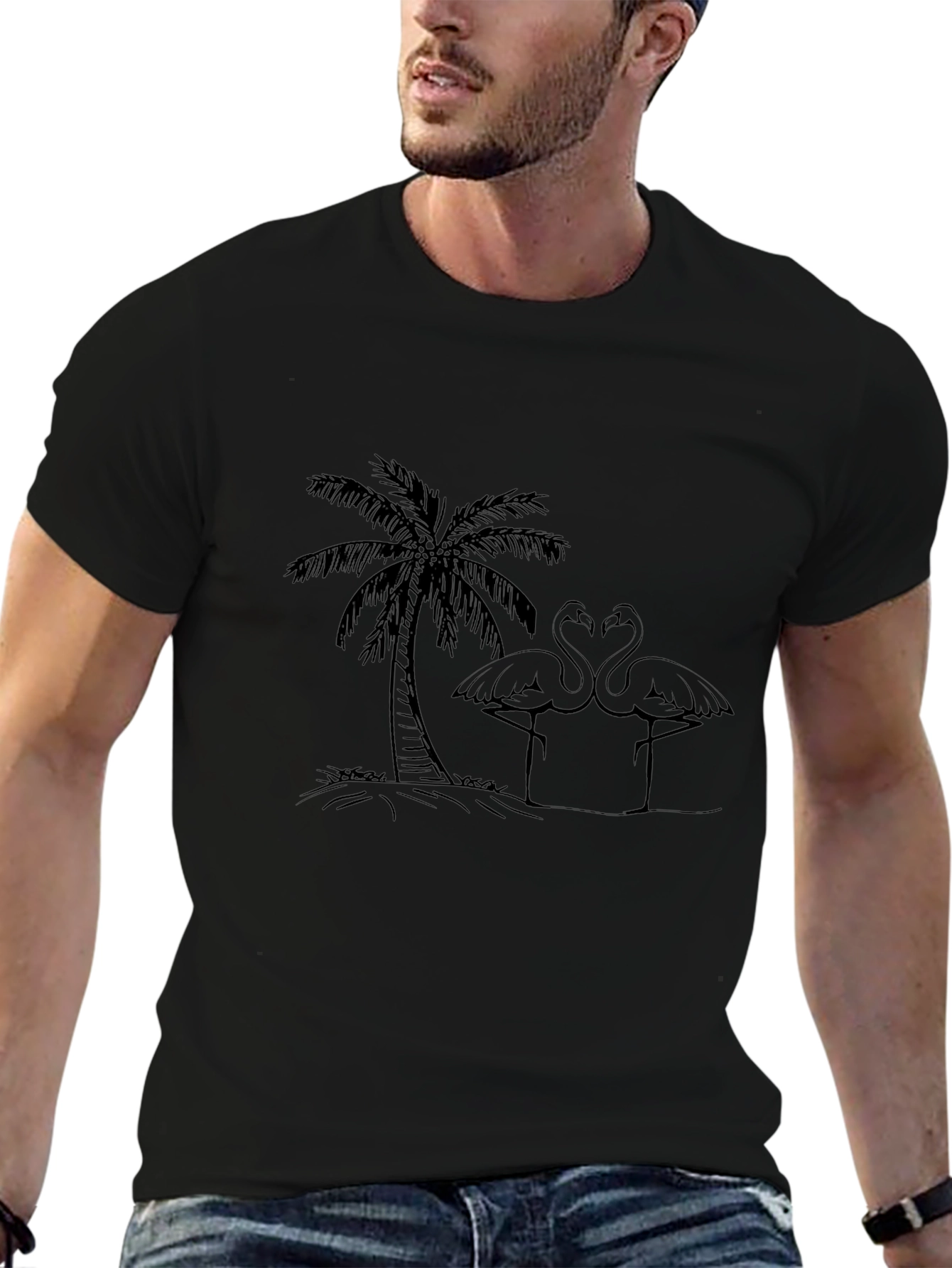 Tropical Flamingo Tee - Black Cotton Casual Shirt
