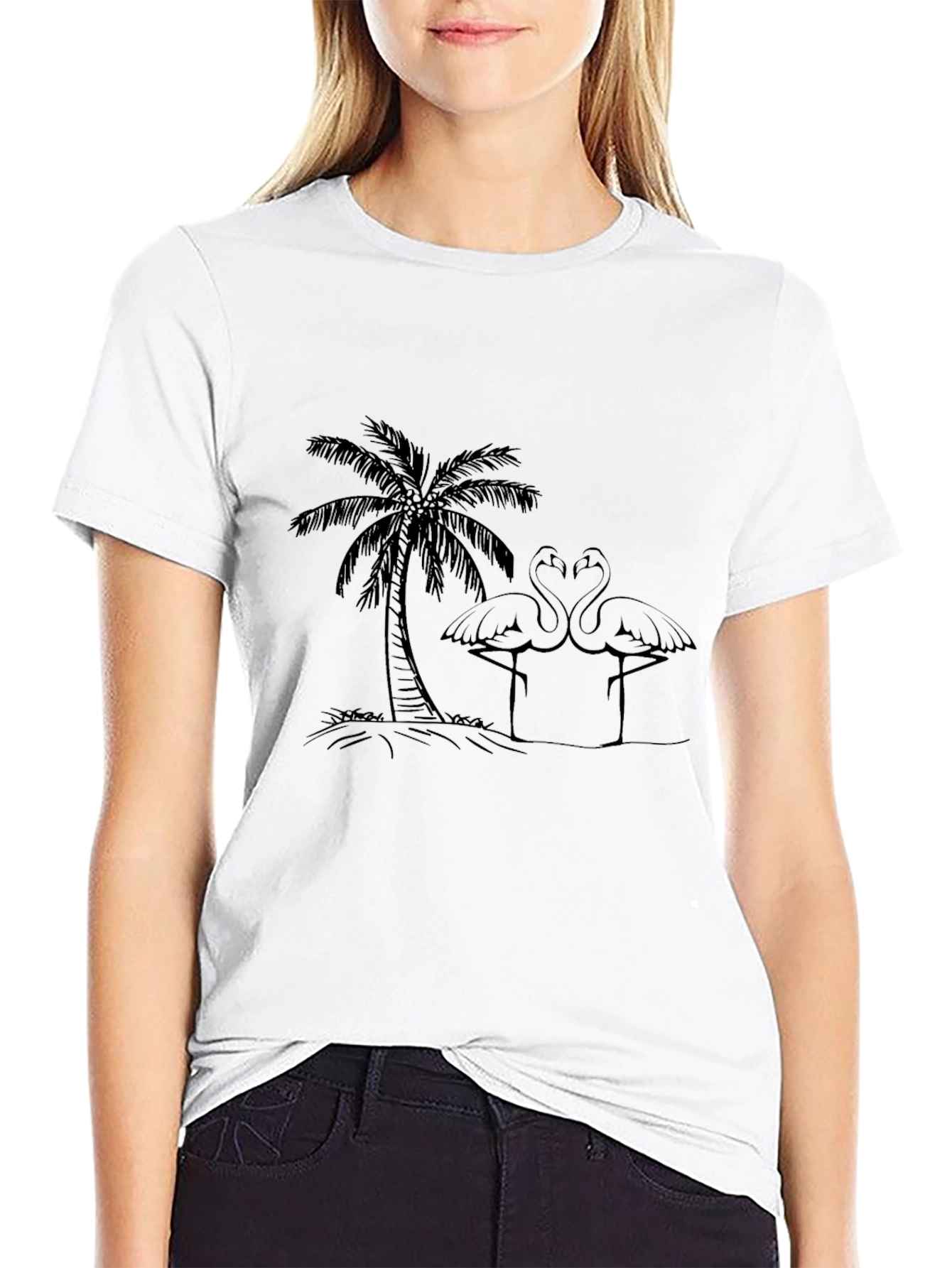 Tropical Flamingo Tee - Black Cotton Casual Shirt
