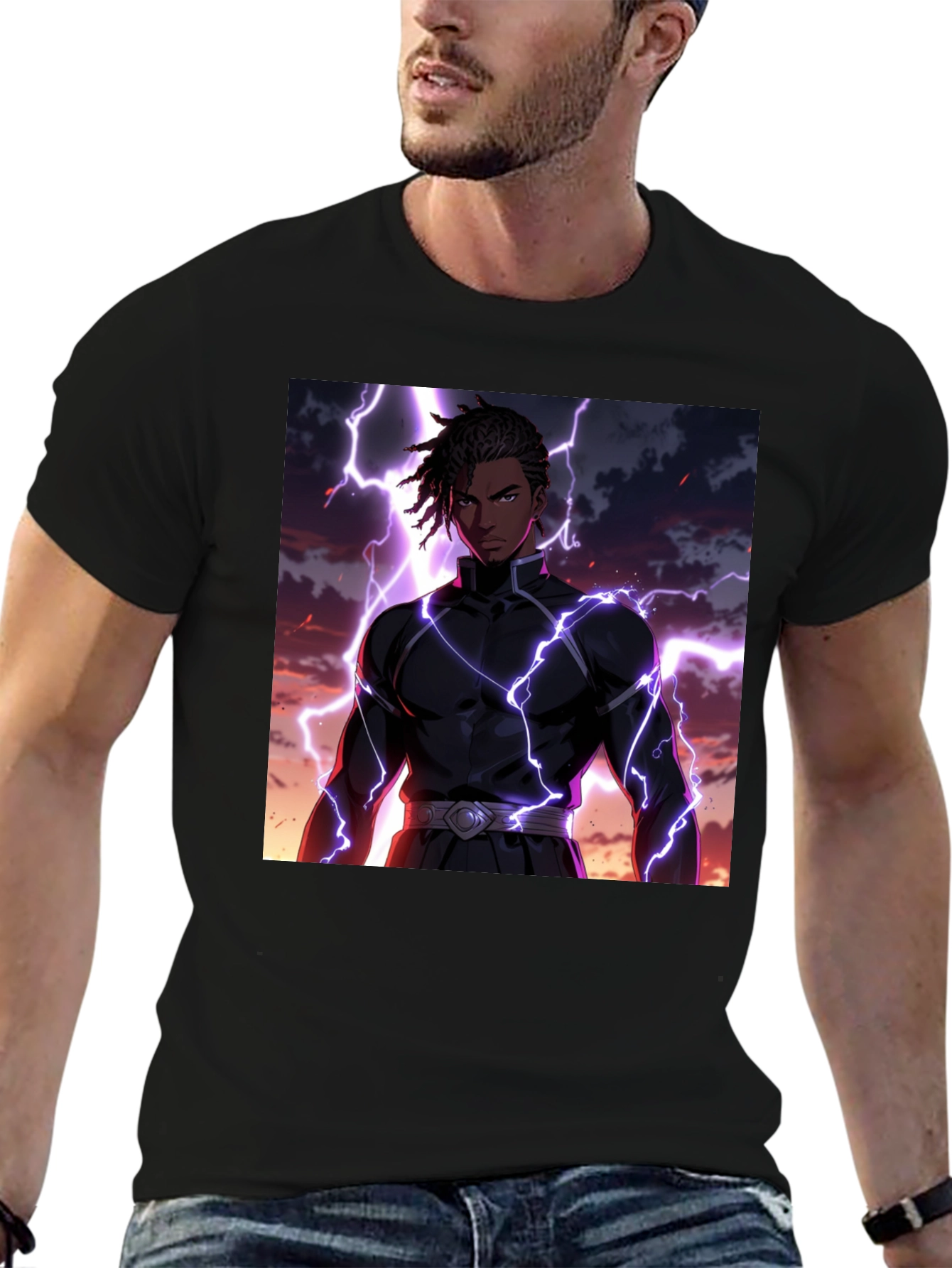 Anime Lightning Bolt Graphic Tee - Black Cotton Blend