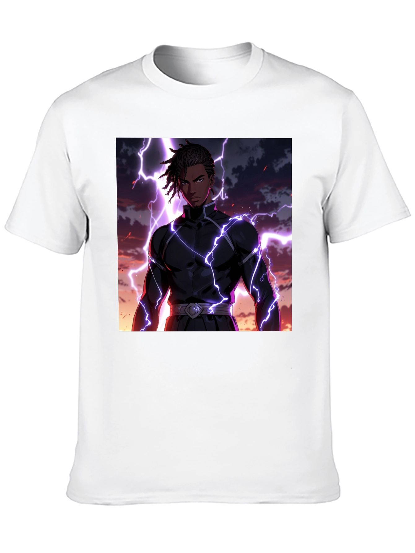 Anime Lightning Bolt Graphic Tee - Black Cotton Blend