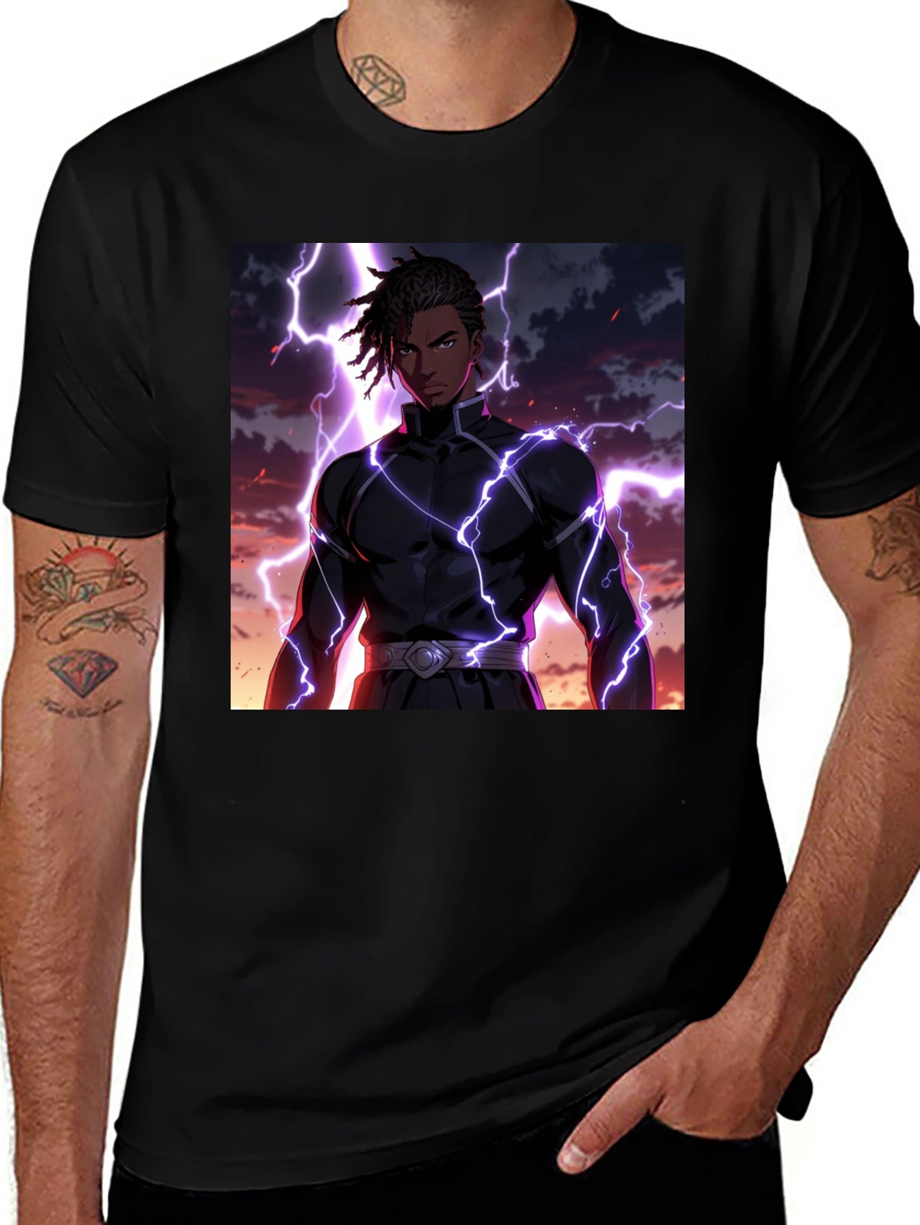 Anime Lightning Bolt Graphic Tee - Black Cotton Blend
