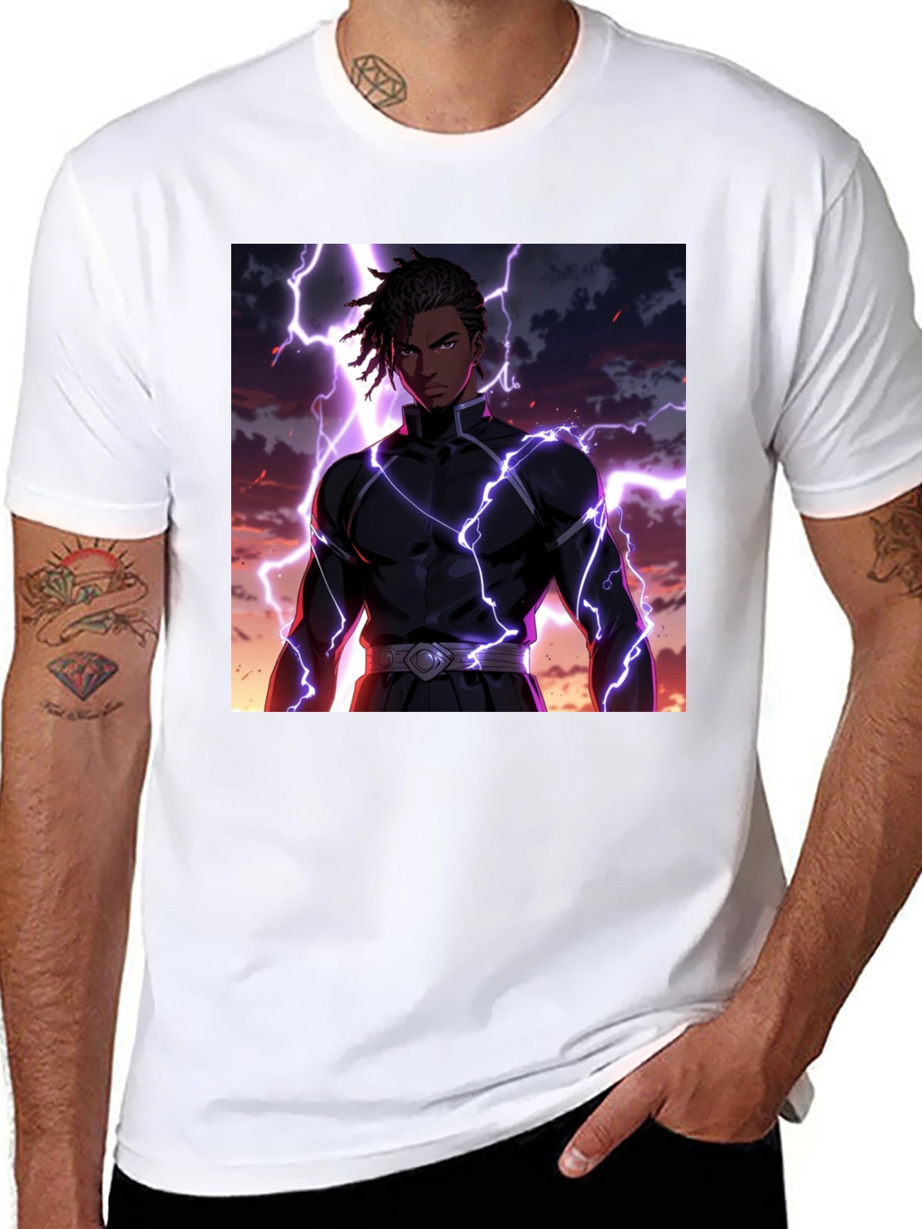 Anime Lightning Bolt Graphic Tee - Black Cotton Blend