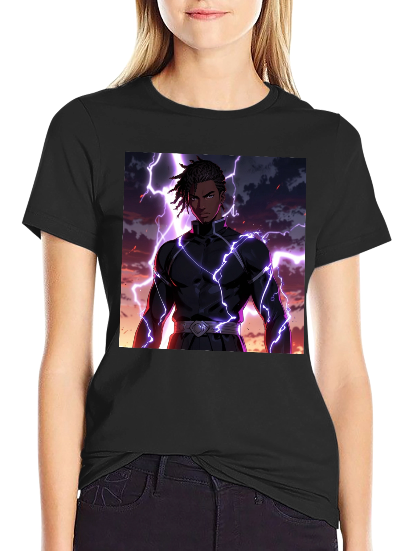 Anime Lightning Bolt Graphic Tee - Black Cotton Blend