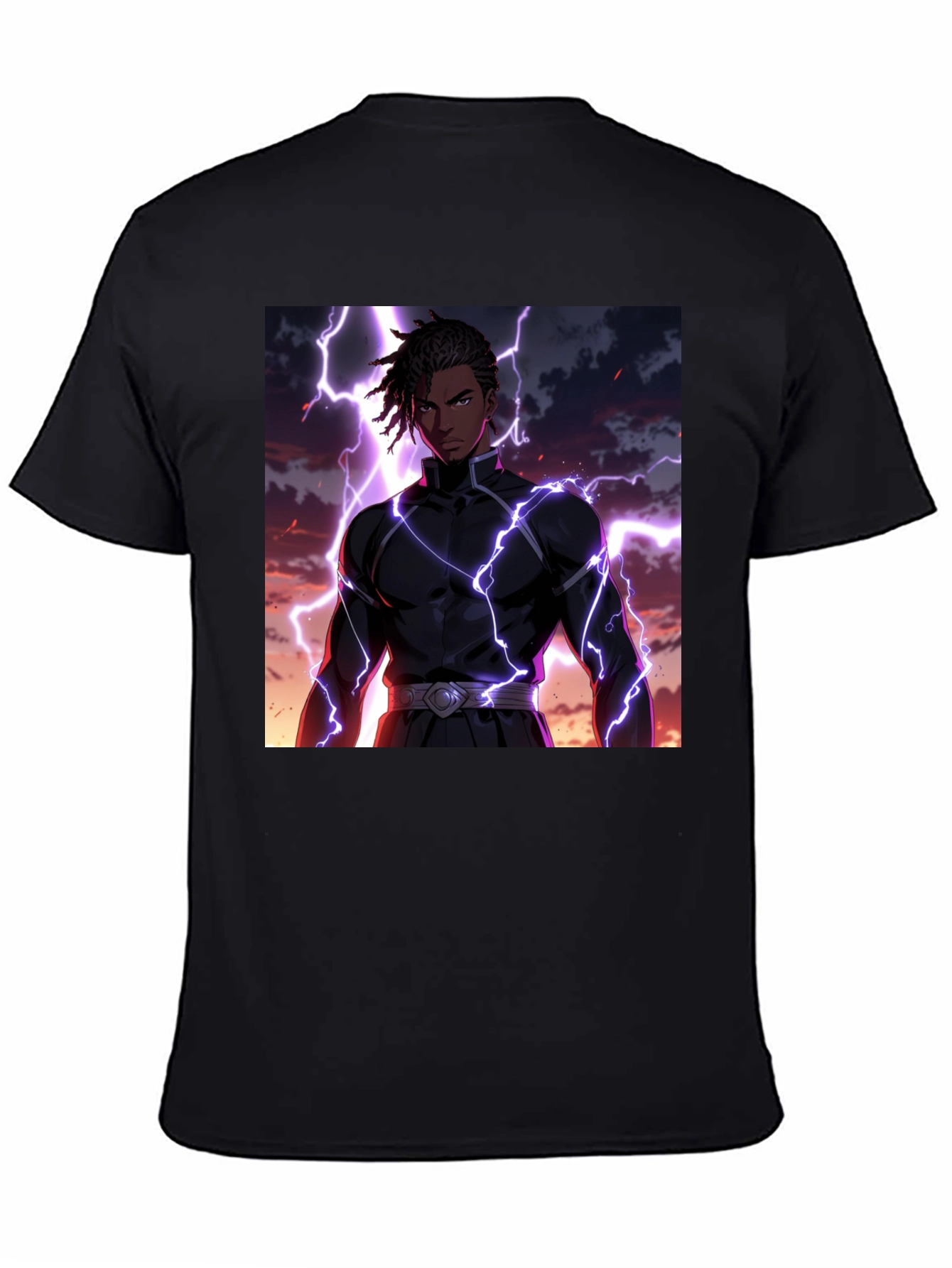 Anime Lightning Bolt Graphic Tee - Black Cotton Blend