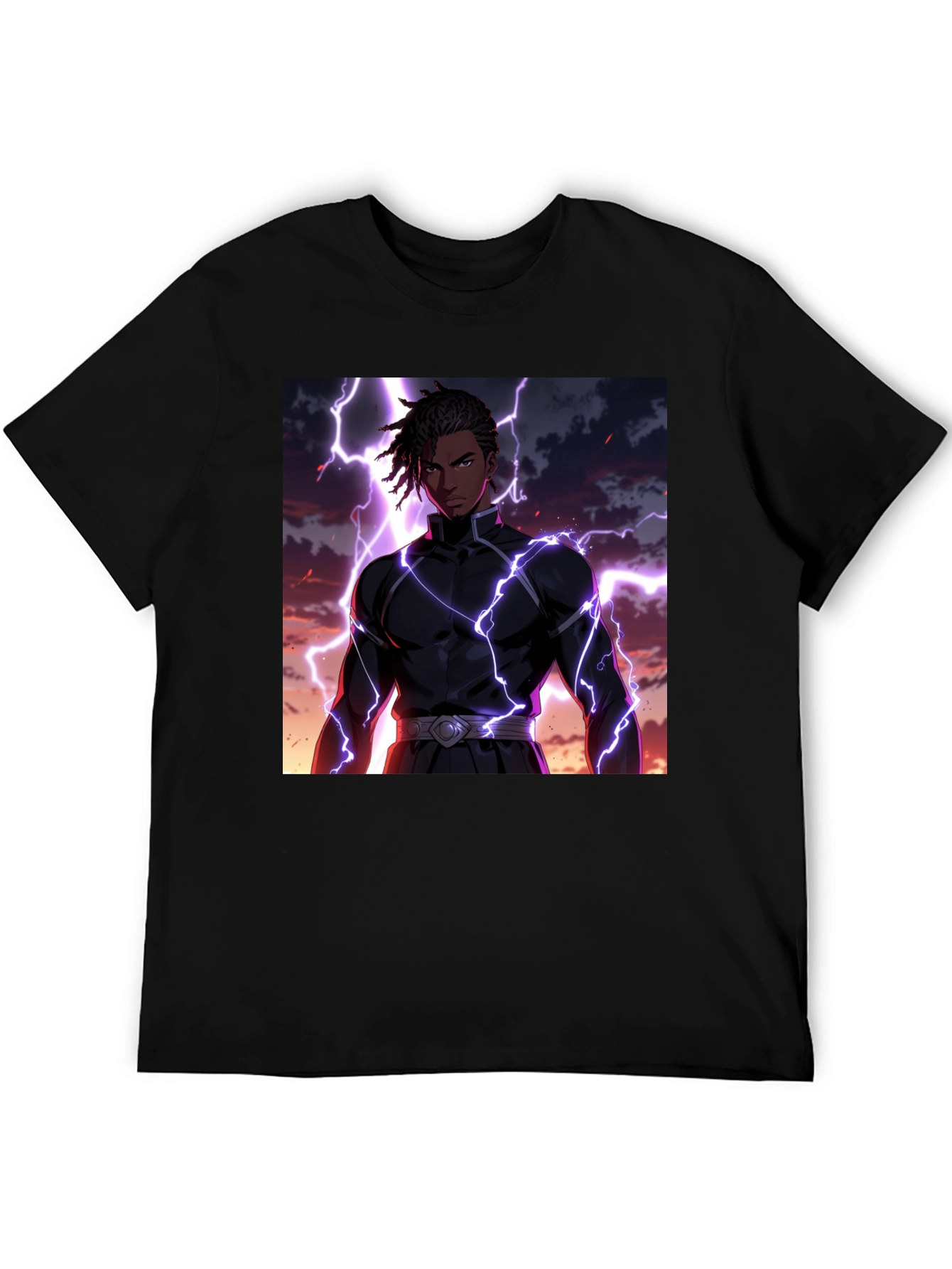 Anime Lightning Bolt Graphic Tee - Black Cotton Blend