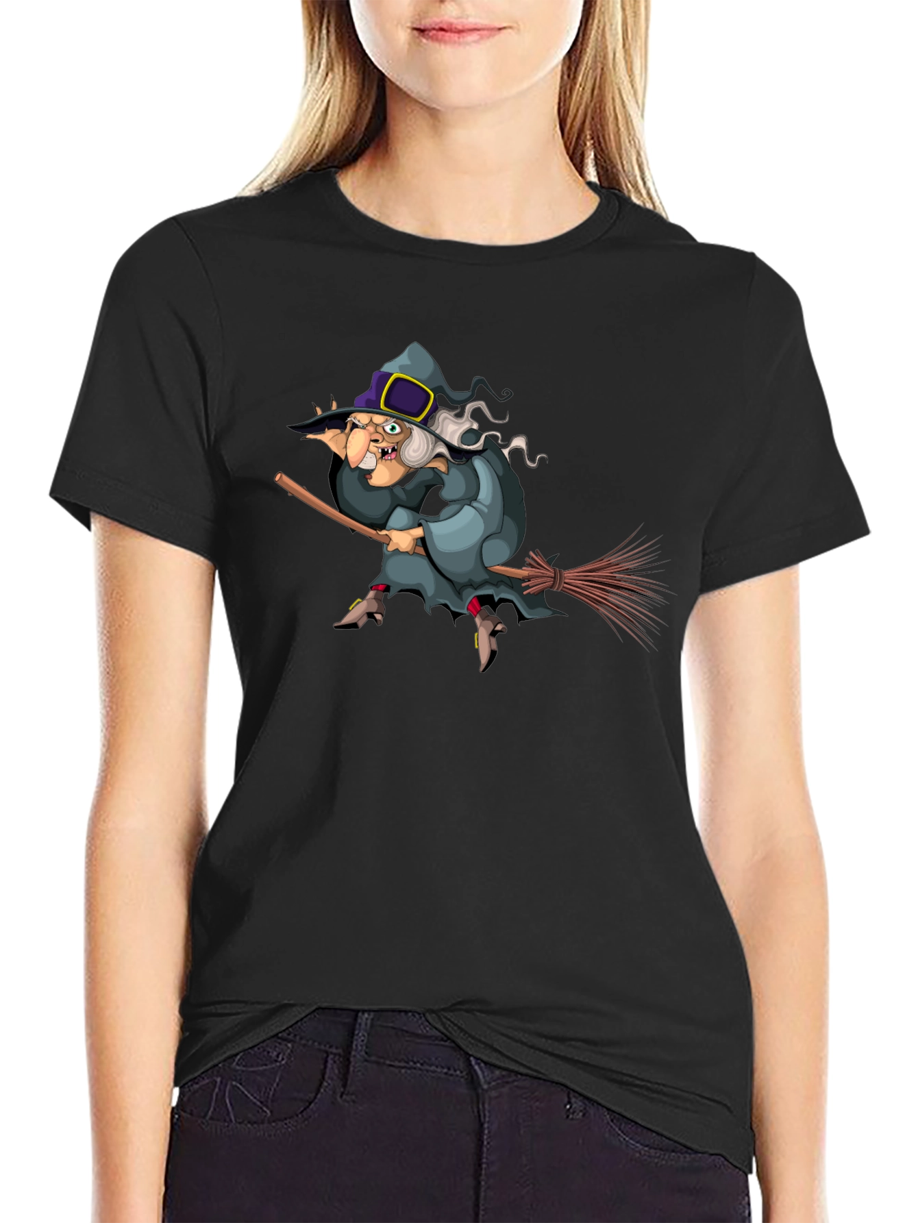 Witch on Broomstick Graphic Tee - Halloween Humor