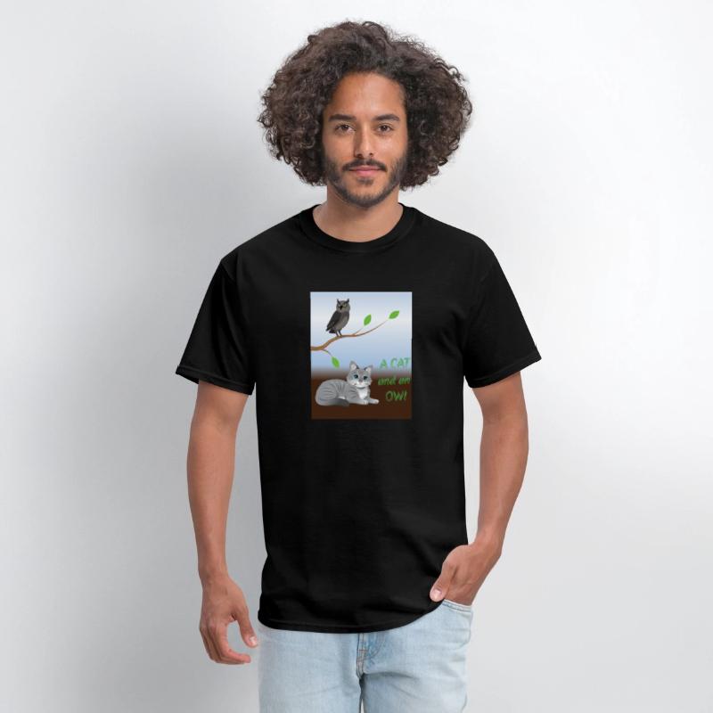 A cat and an owl, blue sky background green leaves