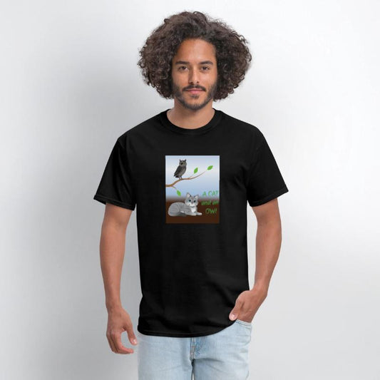 A cat and an owl, blue sky background green leaves