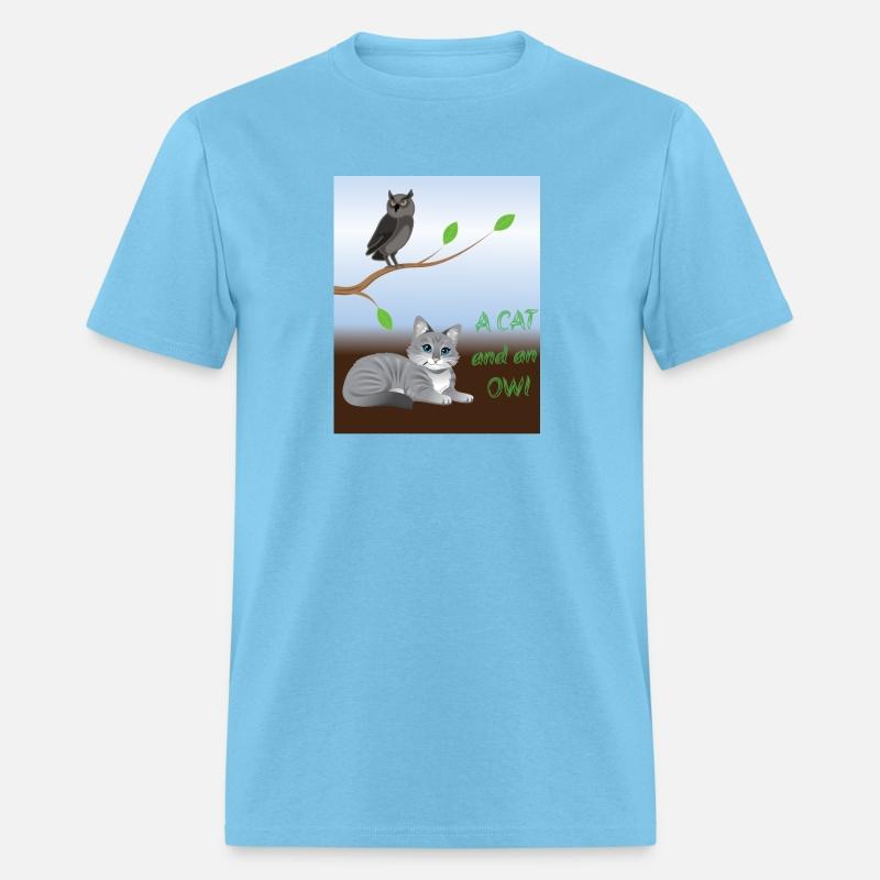 A cat and an owl, blue sky background green leaves