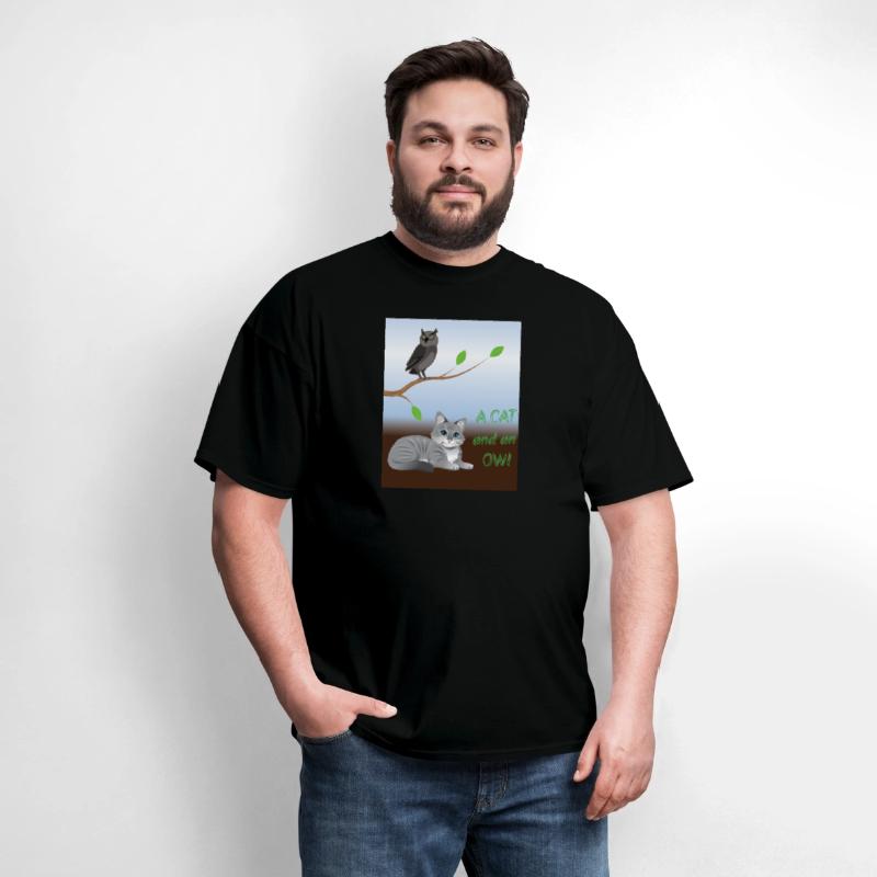 A cat and an owl, blue sky background green leaves