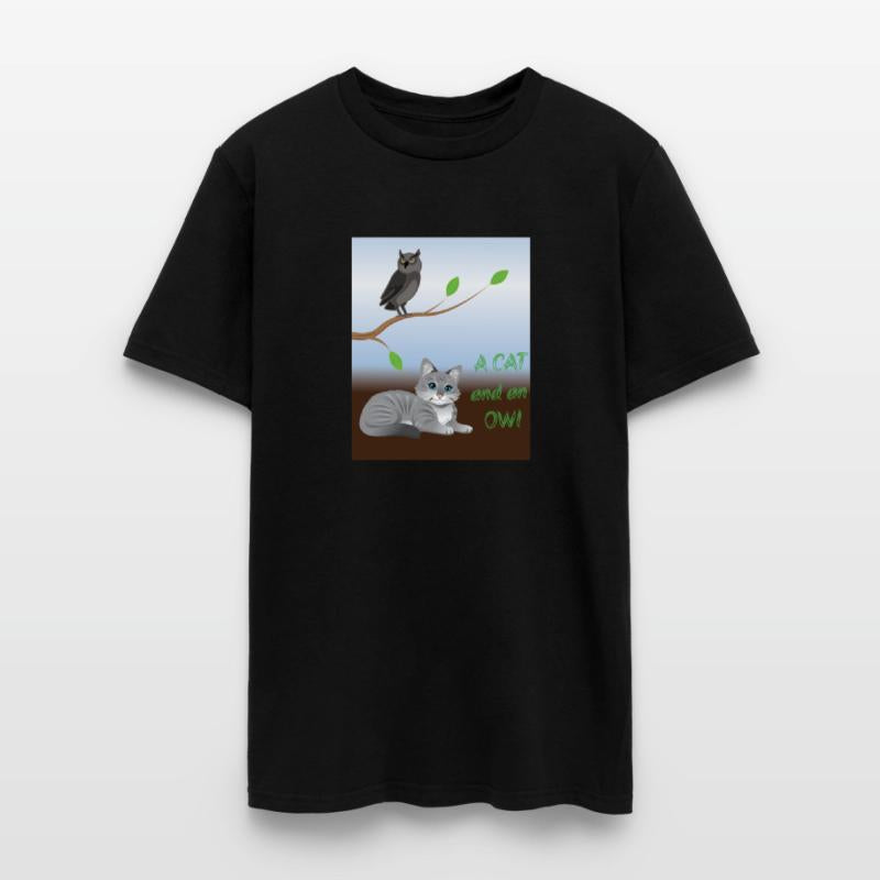 A cat and an owl, blue sky background green leaves