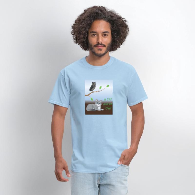 A cat and an owl, blue sky background green leaves
