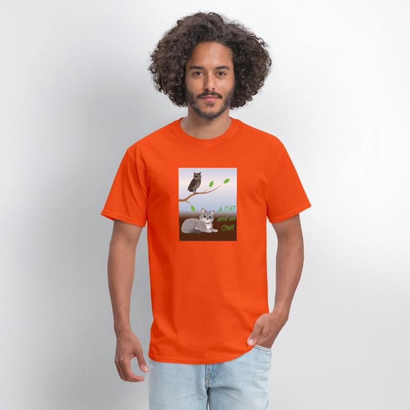 A cat and an owl, blue sky background green leaves