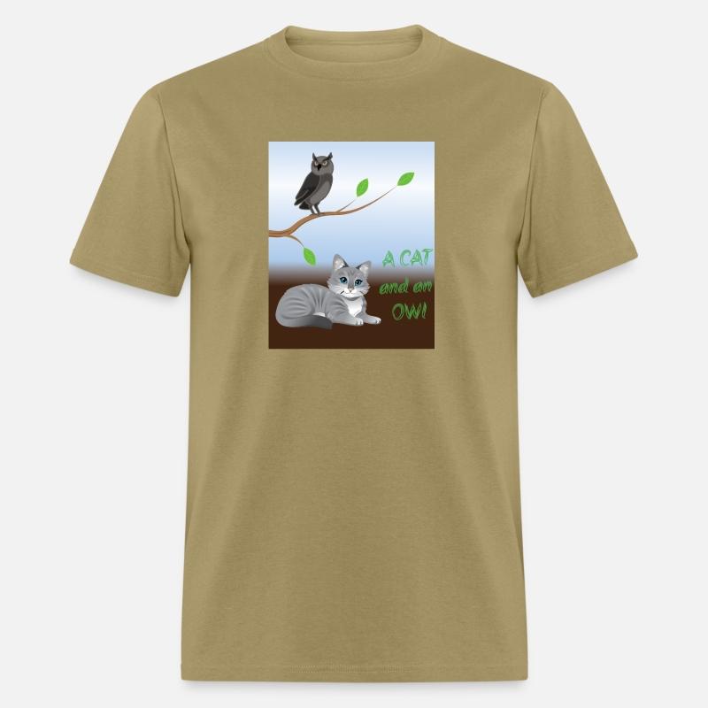 A cat and an owl, blue sky background green leaves