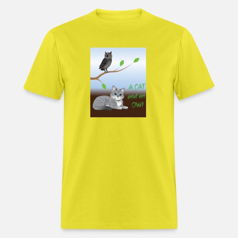 A cat and an owl, blue sky background green leaves