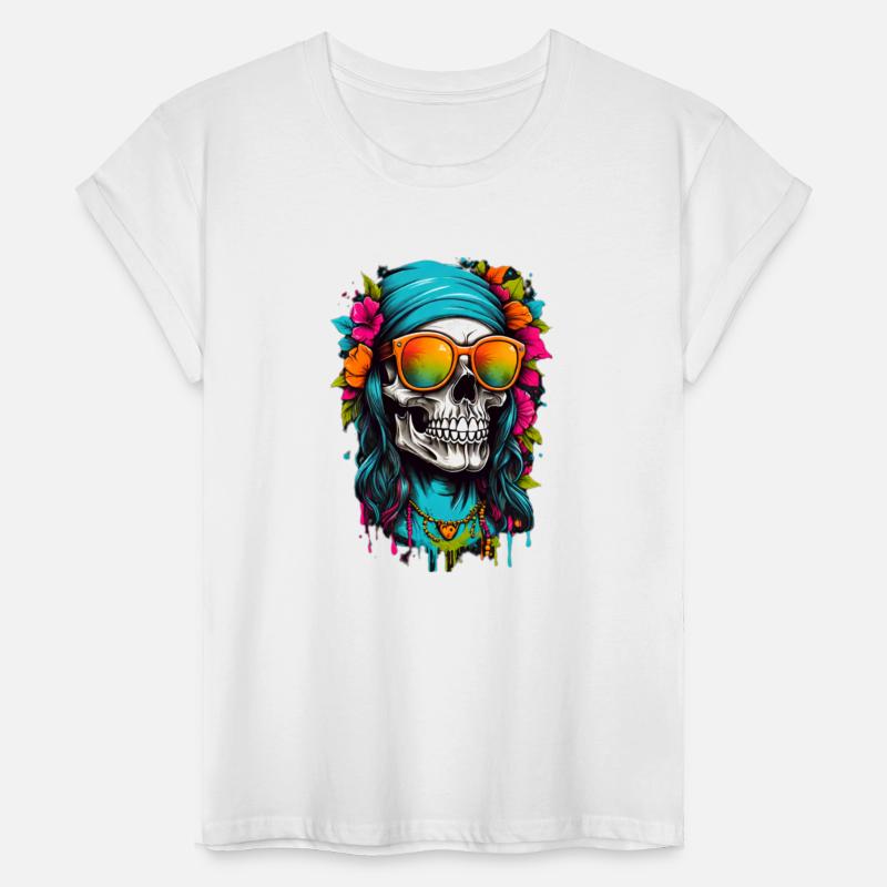 A hippy cute skull head dons small round sunglasse