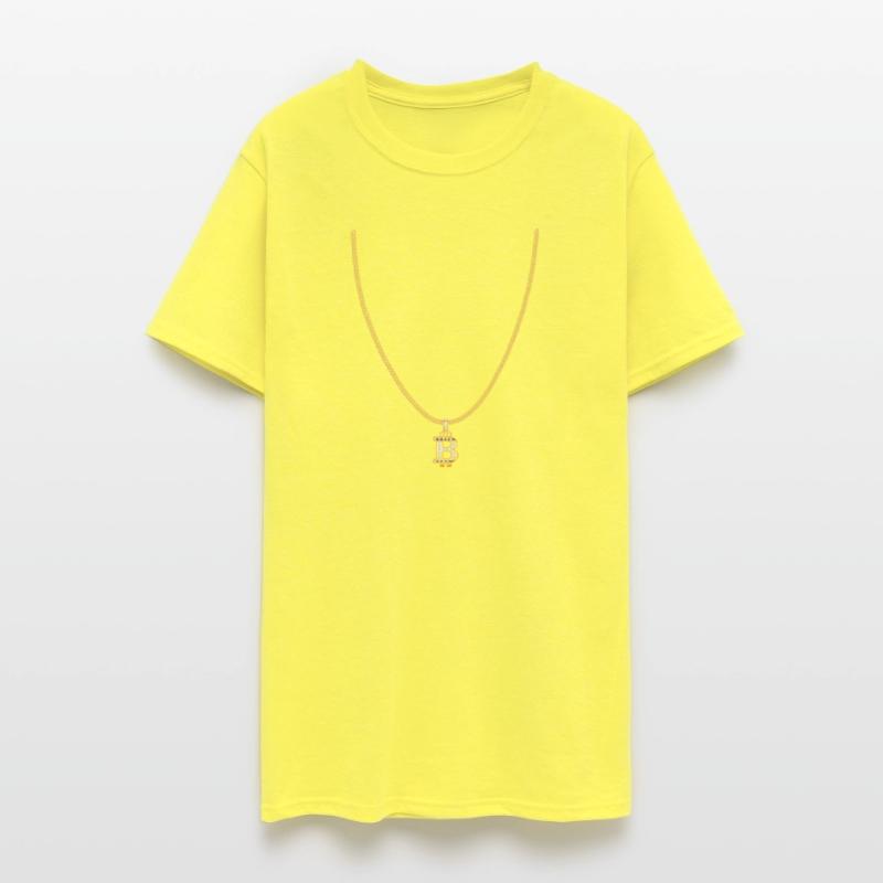 An gold Necklace with a gold Bitcoin Symbol