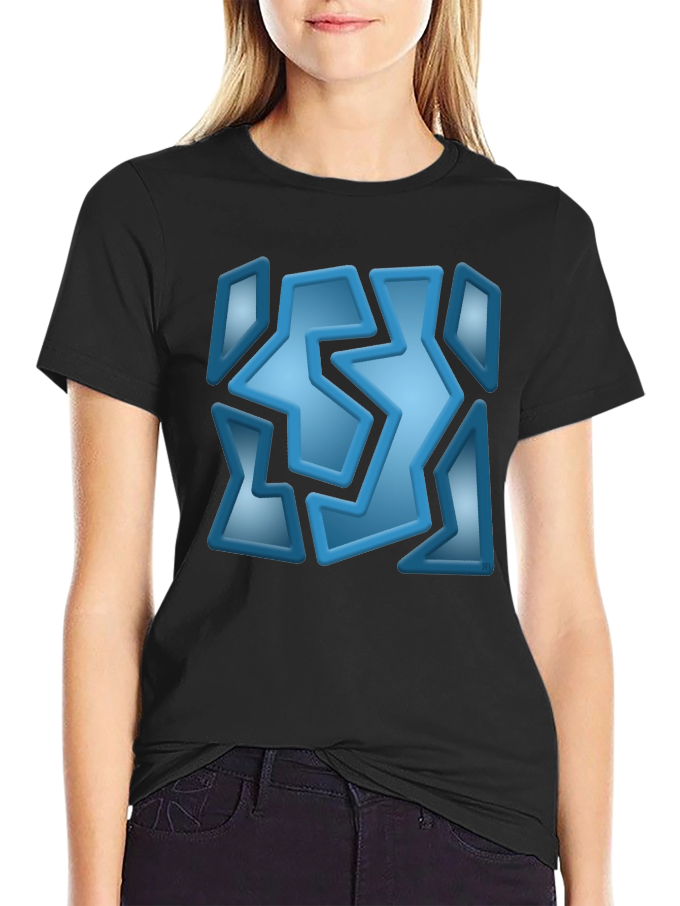 Abstract Blue Graphic Print Black T-Shirt