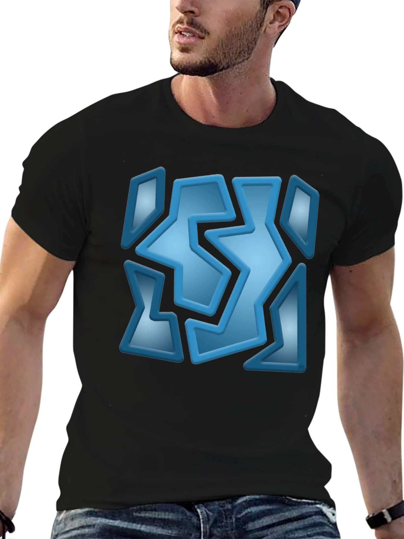 Abstract Blue Graphic Print Black T-Shirt