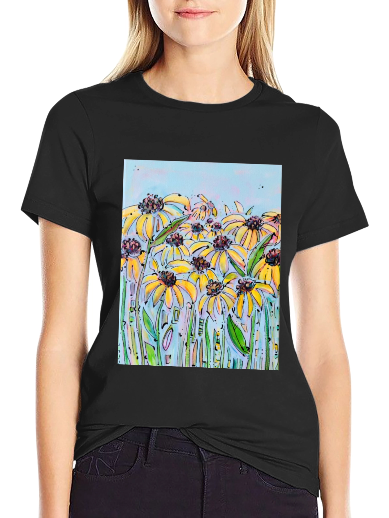 Black T-Shirt with Floral Meadow Design