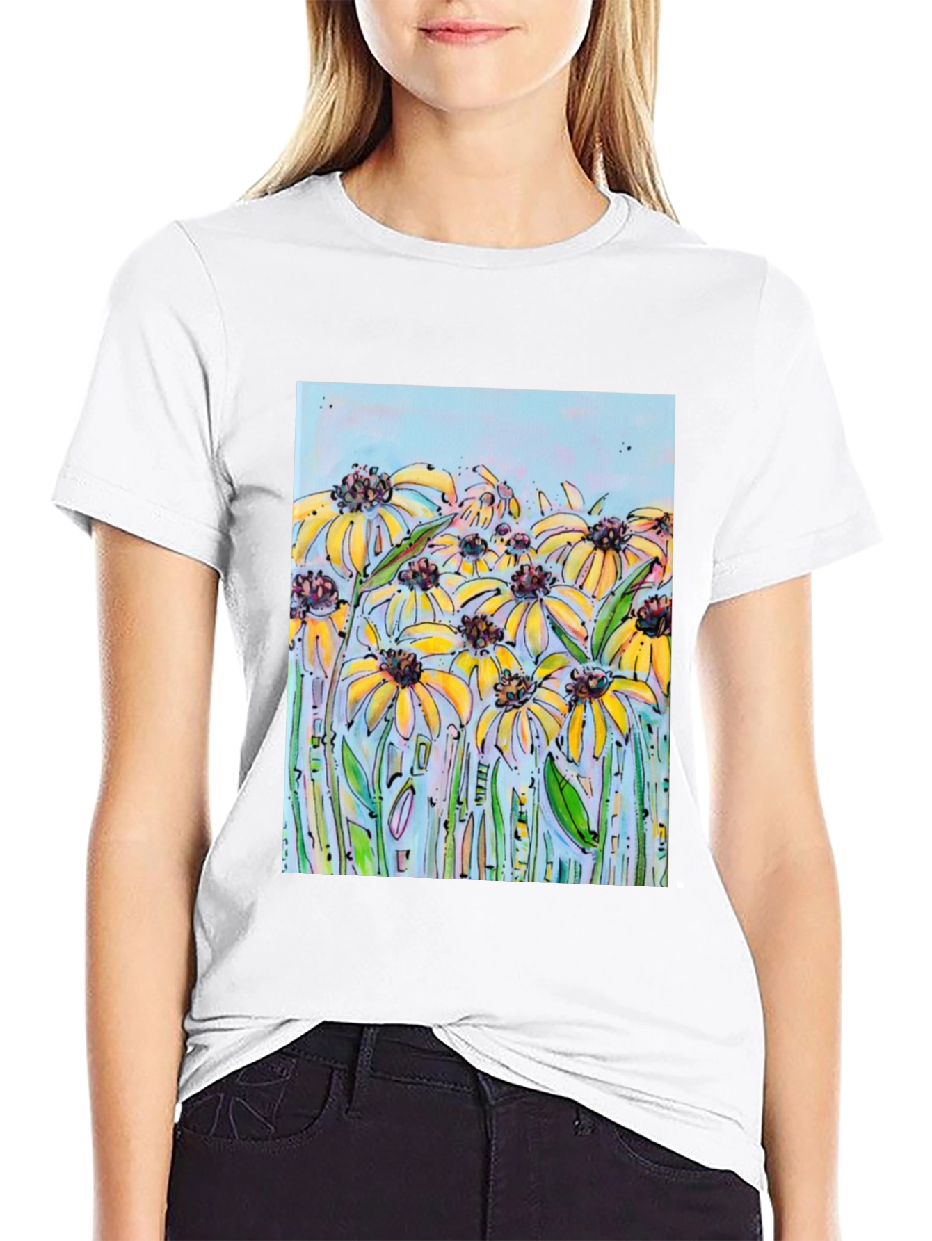 Black T-Shirt with Floral Meadow Design
