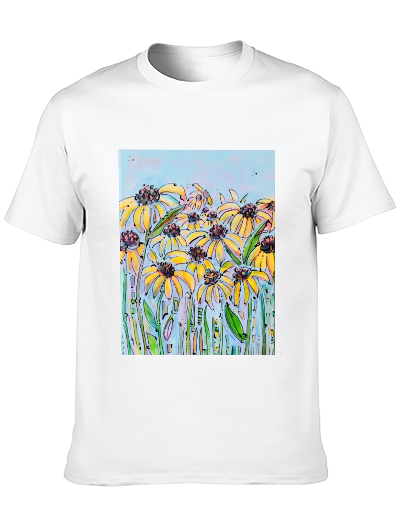 Black T-Shirt with Floral Meadow Design