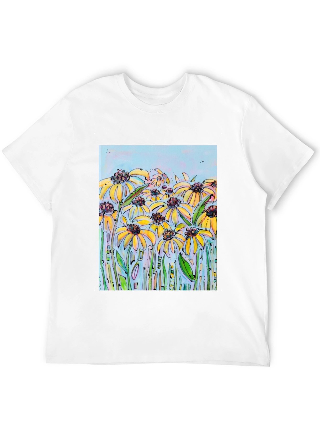 Black T-Shirt with Floral Meadow Design