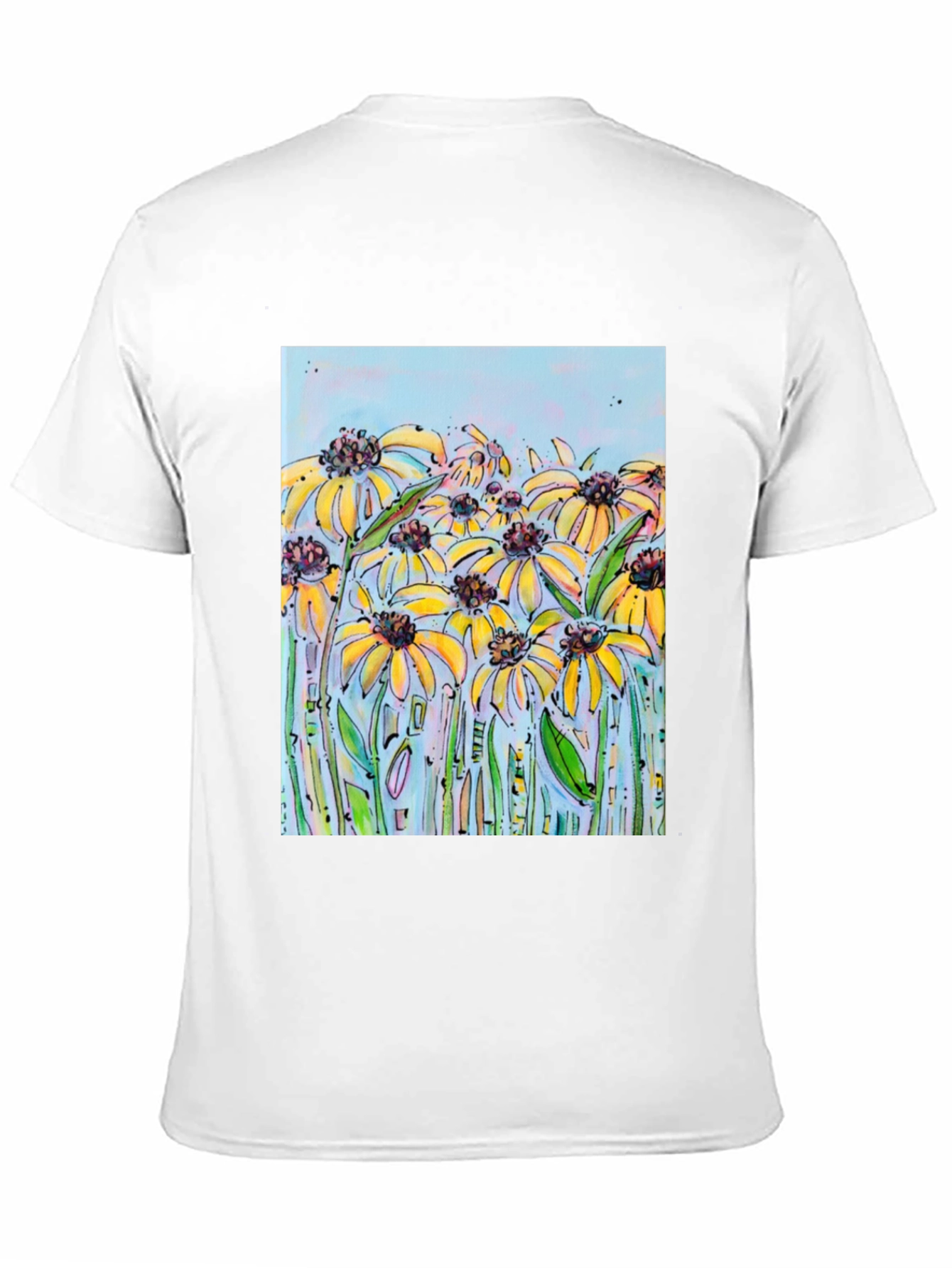 Black T-Shirt with Floral Meadow Design