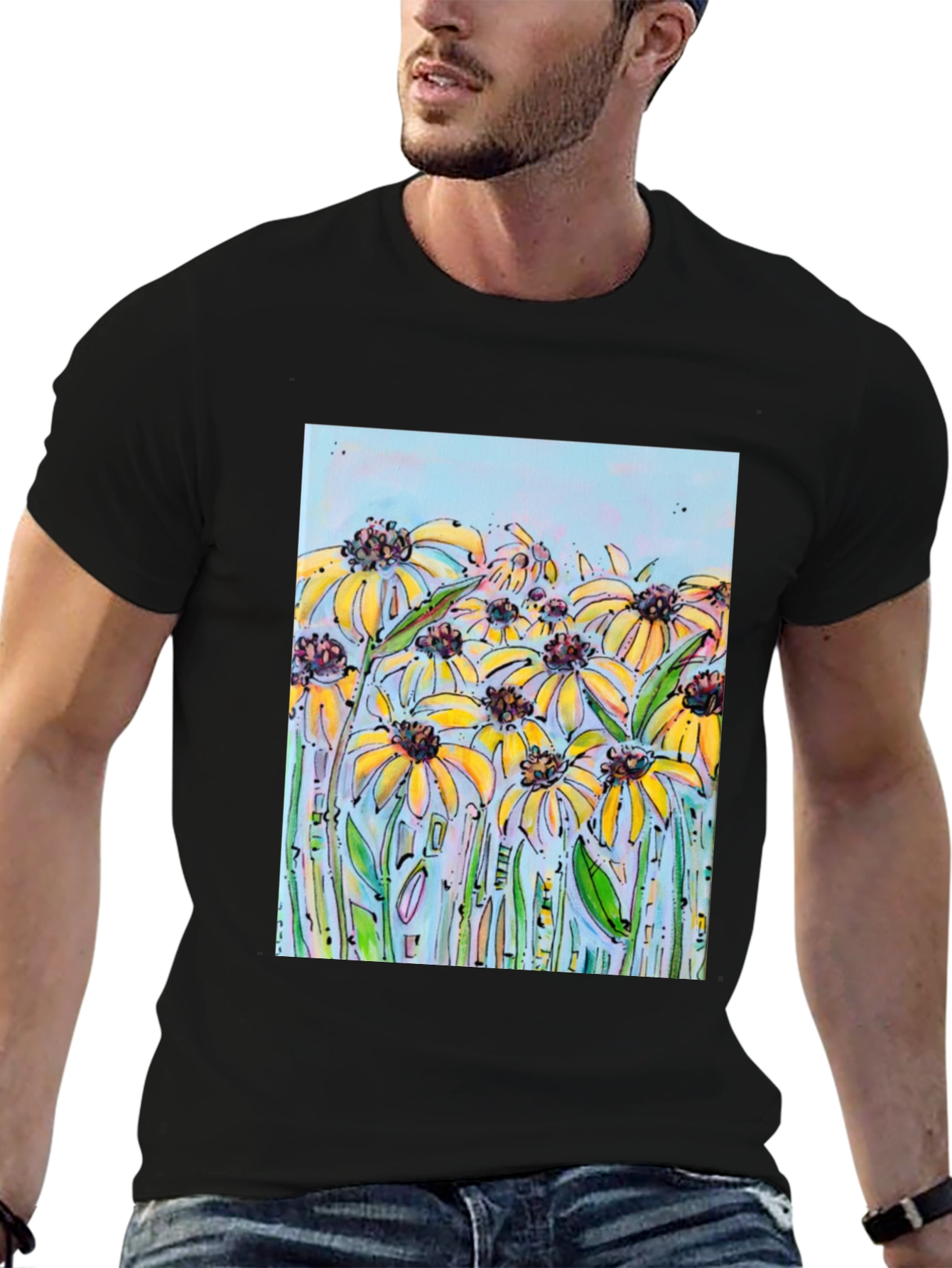 Black T-Shirt with Floral Meadow Design