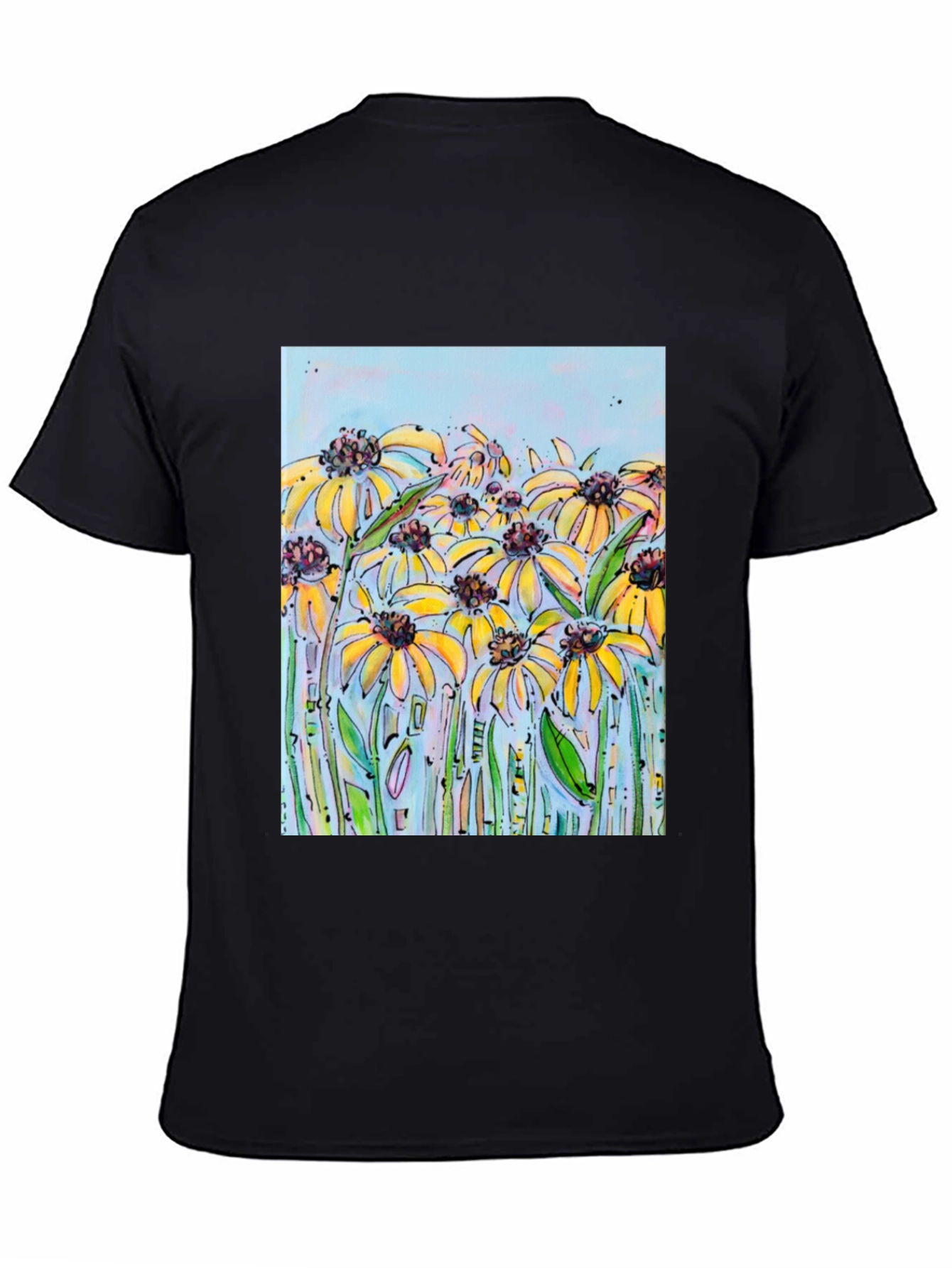 Black T-Shirt with Floral Meadow Design