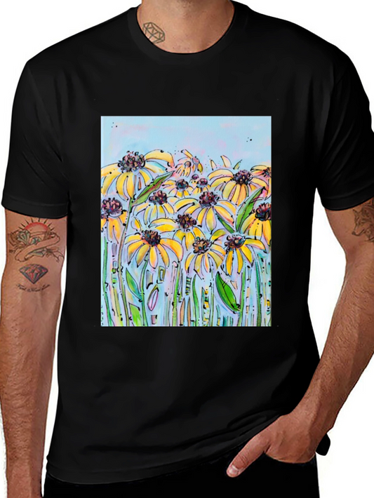 Black T-Shirt with Floral Meadow Design
