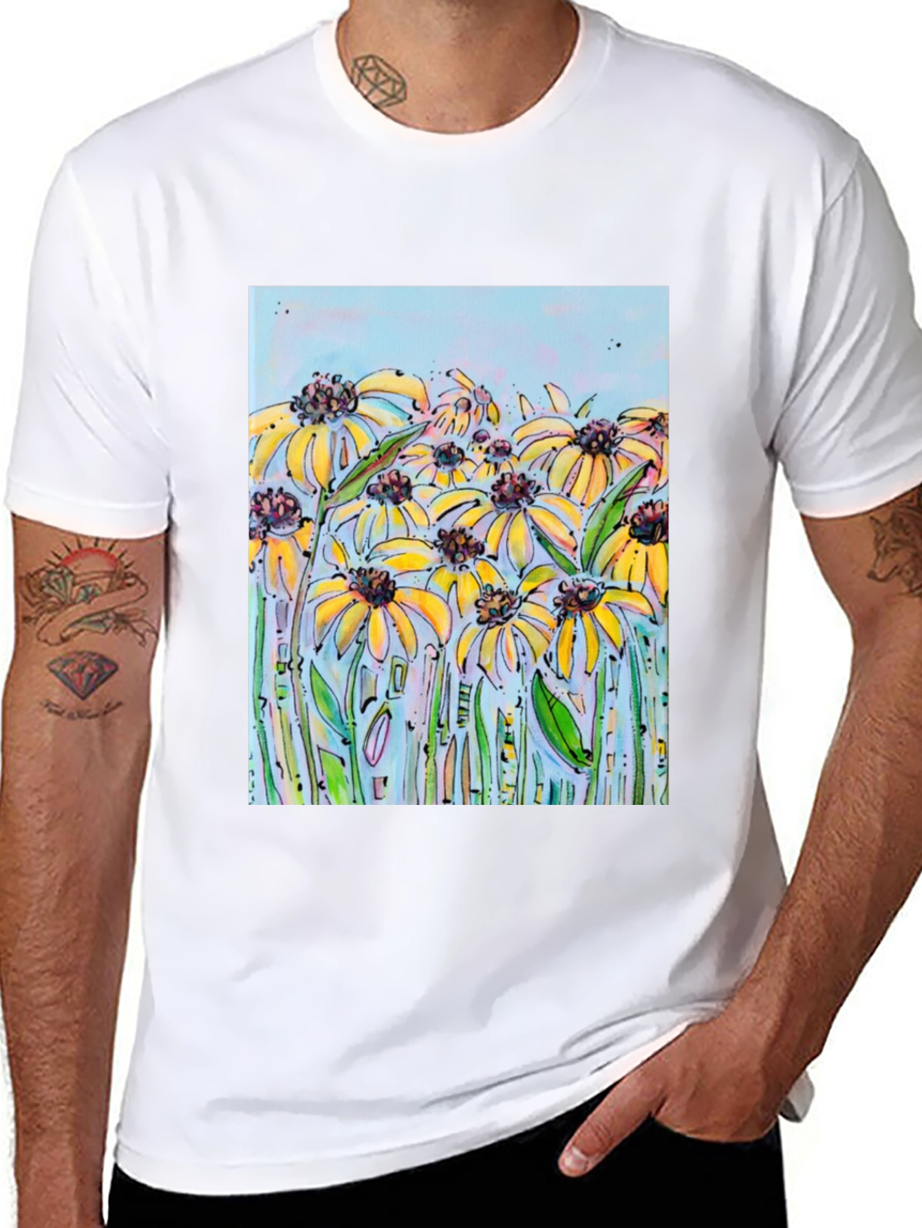Black T-Shirt with Floral Meadow Design