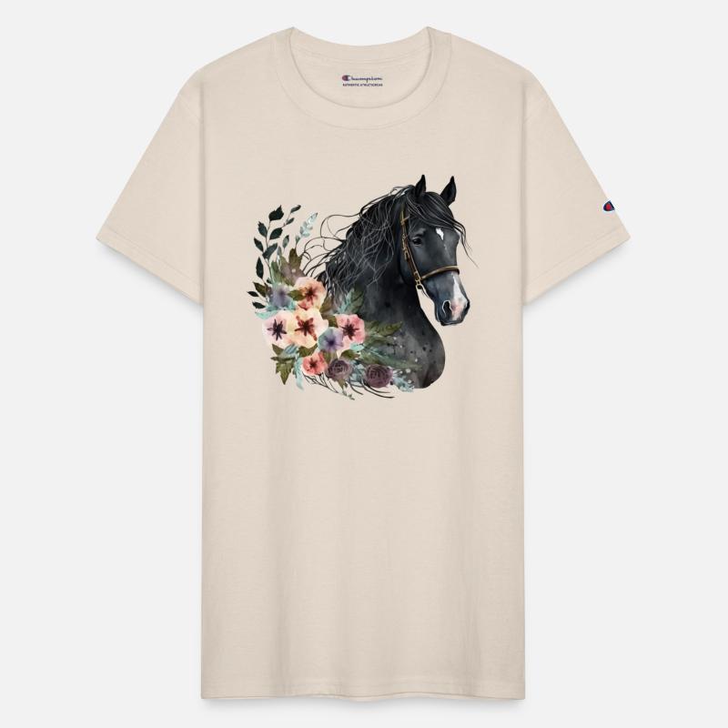 Black Horse with Floral Watercolor
