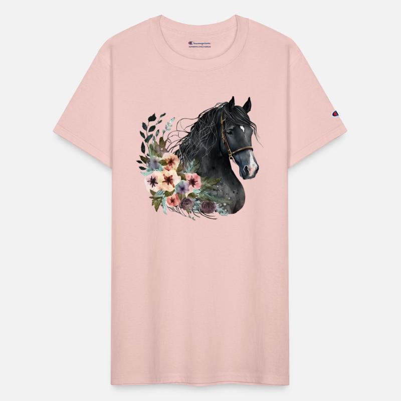 Black Horse with Floral Watercolor