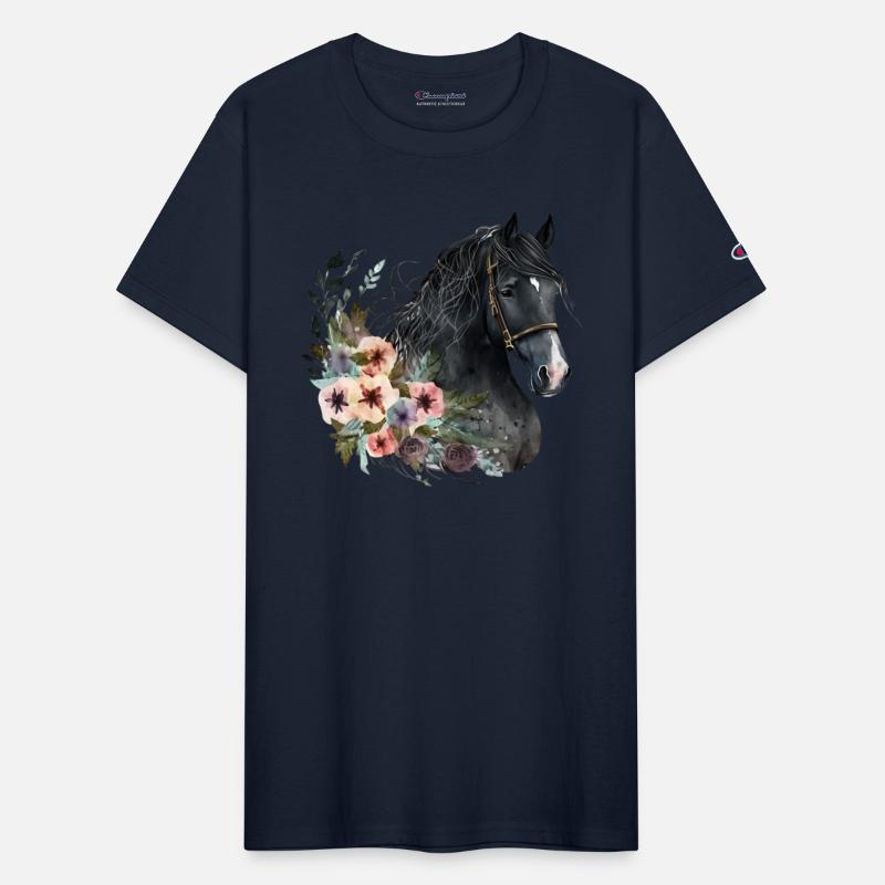 Black Horse with Floral Watercolor