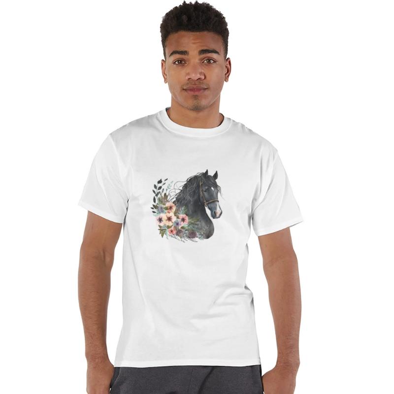 Black Horse with Floral Watercolor