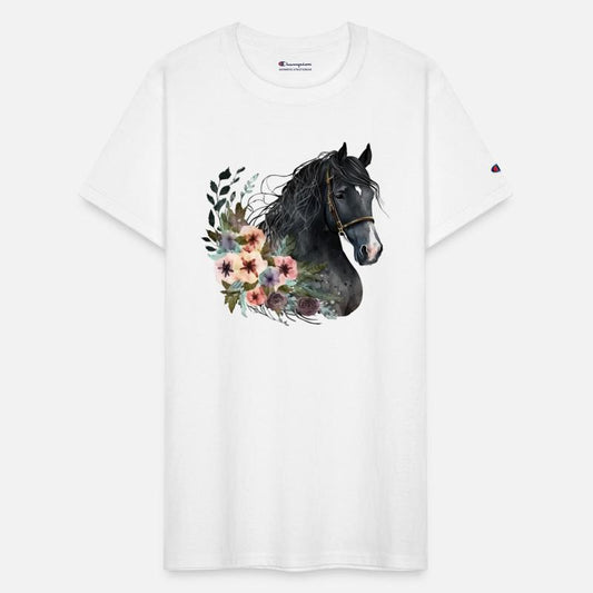 Black Horse with Floral Watercolor