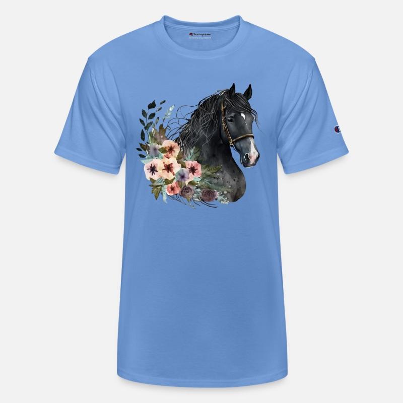 Black Horse with Floral Watercolor