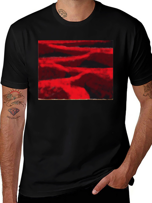 Abstract Red Landscape Print Black T-Shirt