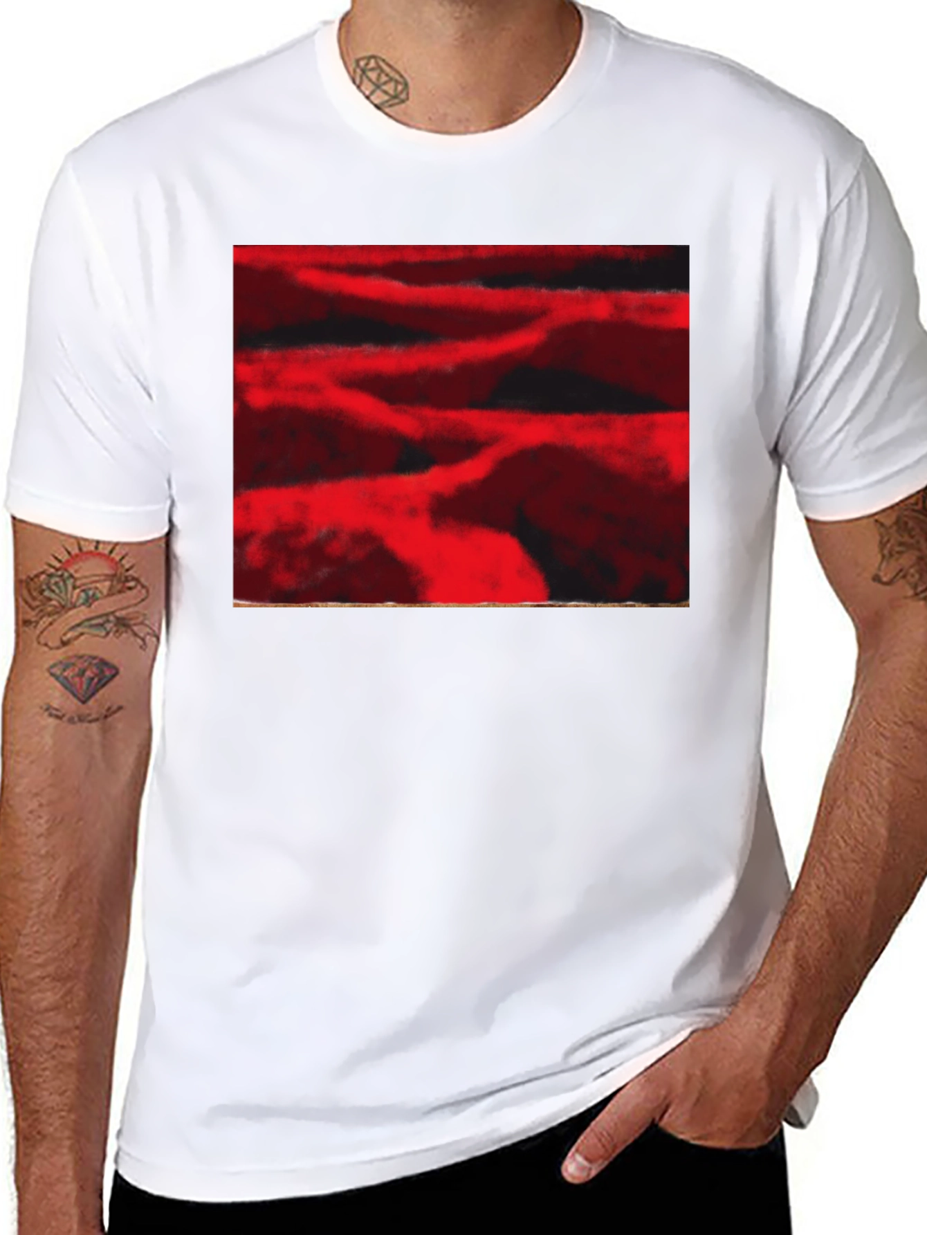 Abstract Red Landscape Print Black T-Shirt