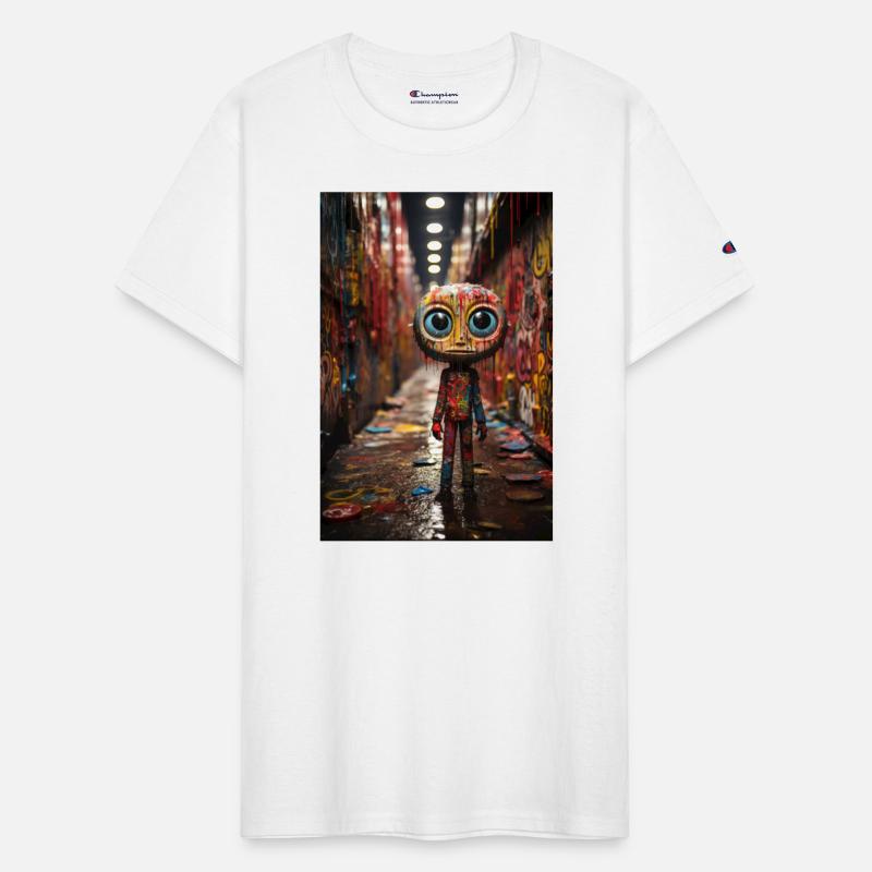 Cartoon Alley: Plastic Figure Amidst Vibrant Graff